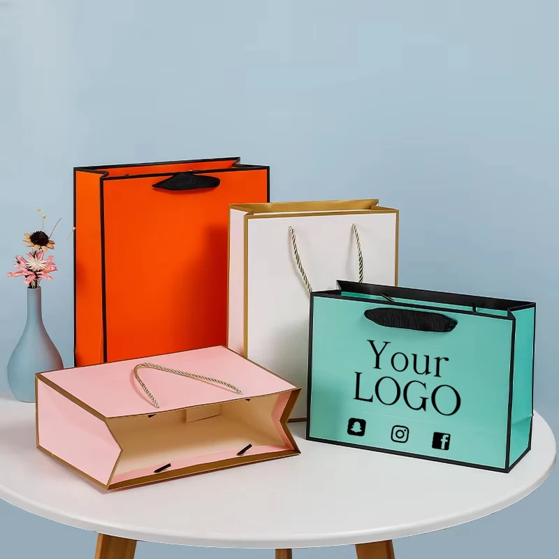 100Pcs Custom Logo Gift Paper Packing Bag Craft Packaging Personalization Business Shopping Clothes Package Wedding Gift Bagp
