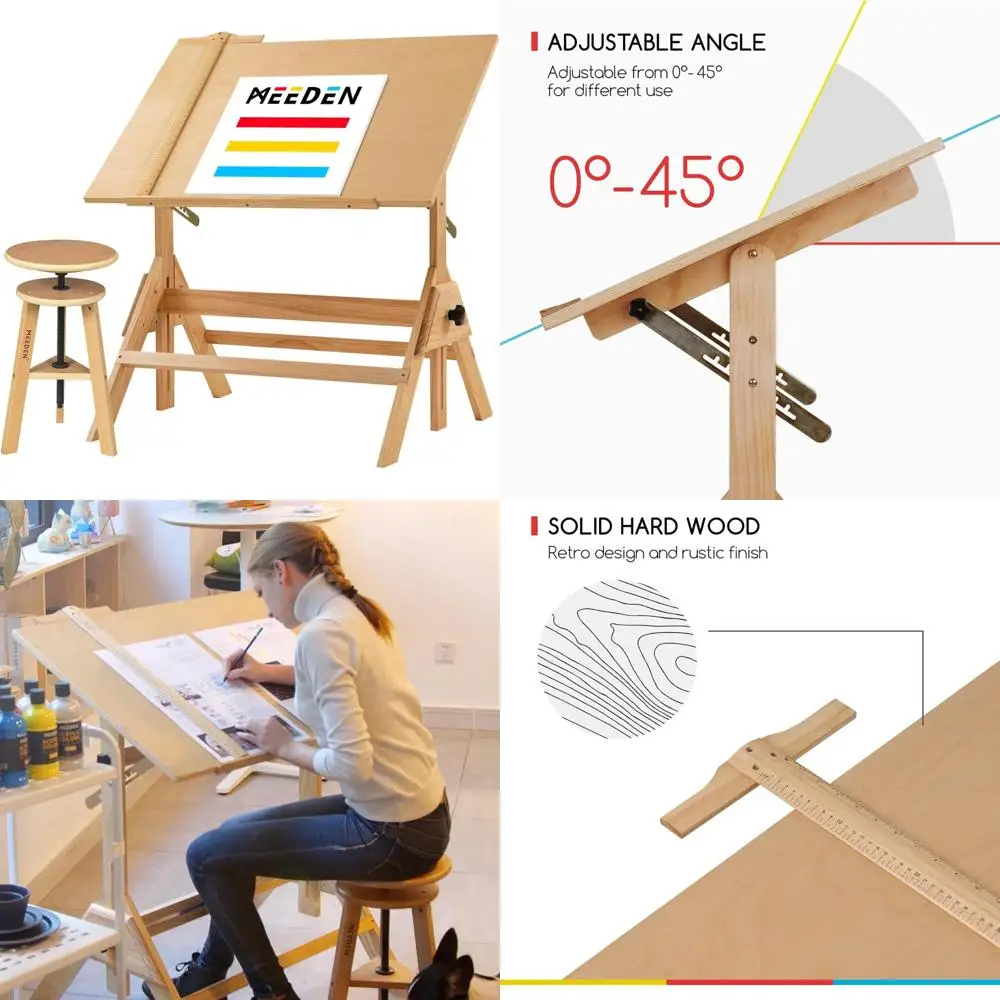

Artistic Drafting Table and Adjustable Stool Set with Tilting Work Surface for Art, Crafting, and Design