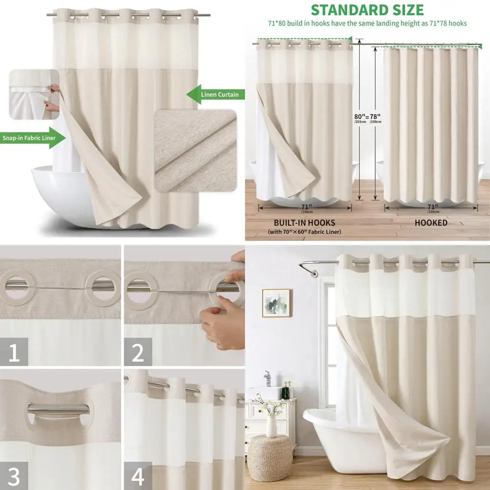 

Кремовая льняная текстурированная занавеска для душа с водонепроницаемым вкладышем, 71 x 80 часов, роскошный декор для ванной комнаты в отеле