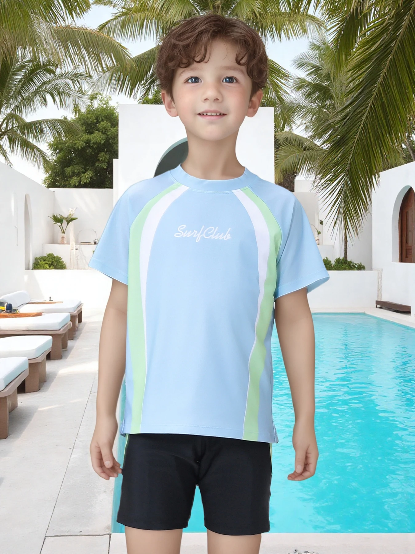 

Boys' Swim T-Shirt Set: Stylish Swimwear Three-Piece Set with Swim Trunks and Swim Cap Minimalist-Style Children's Swimwear