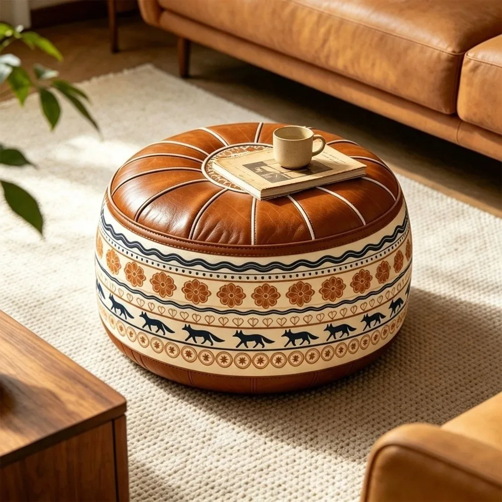 PU Leather Round Sofa Stool Cover Vintage Waterproof Storage Leg Bench Space-Saving Unfilled Seat Cushion Cover Indoor Seating