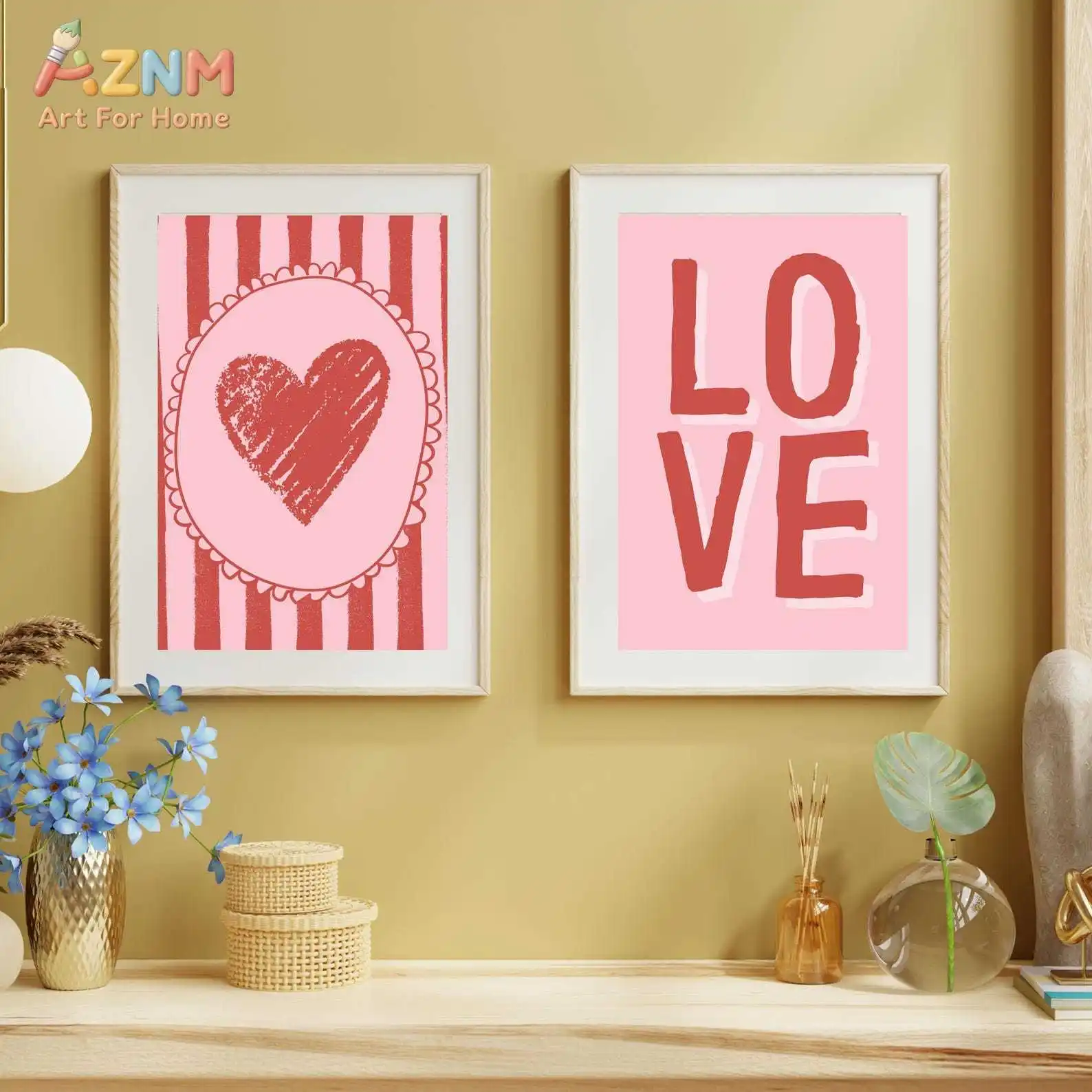 2Pcs Pink Red Love Heart Canvas Prints, Striped Valentine Quote Wall Art, Unframed Decor Posters