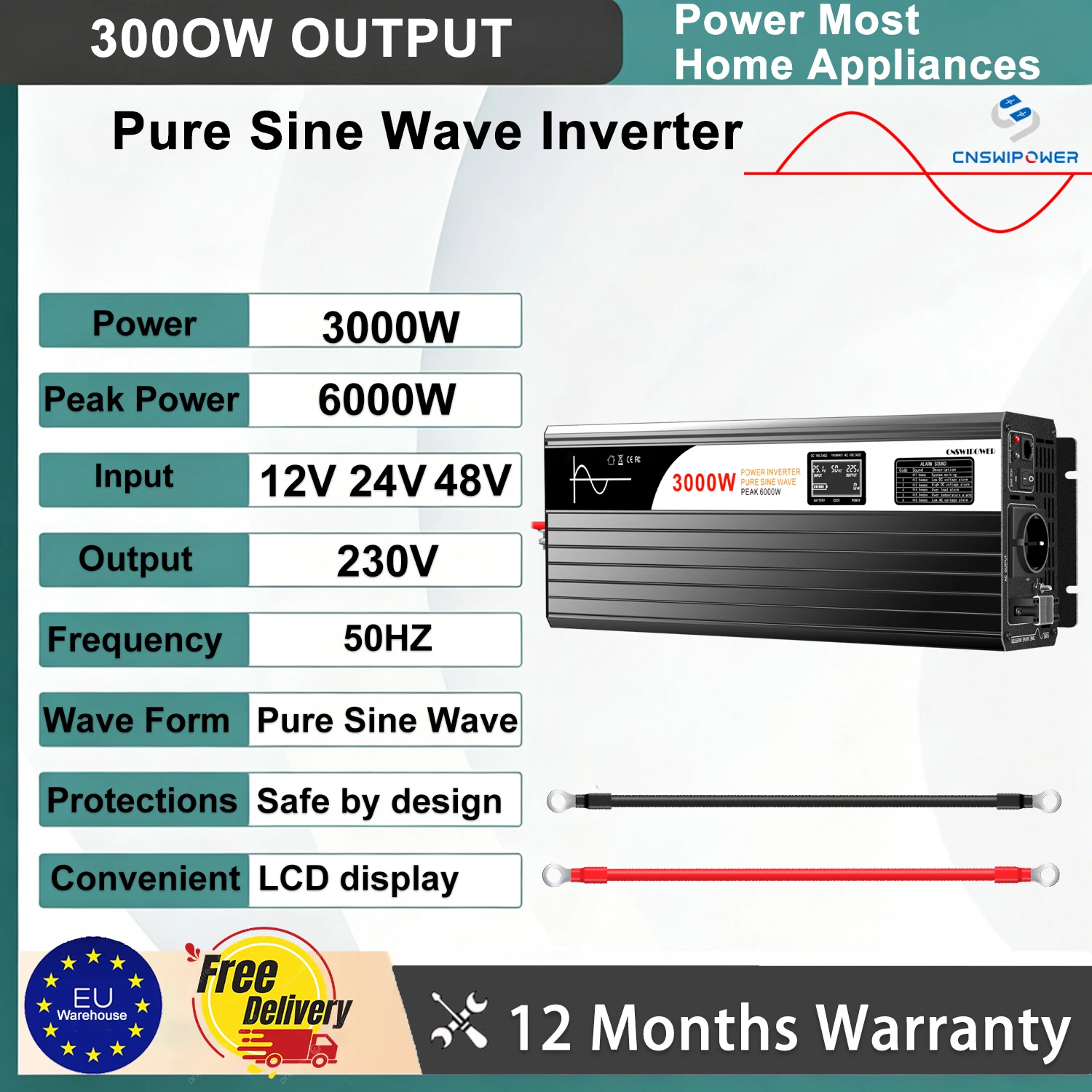 CNSWIPOWER 3000W Zuivere Sinus Inverter DC 12V/24V/48V naar AC 230V Draagbare Power Inverter voor Thuis, Camper, Kamperen en Noodgebruik