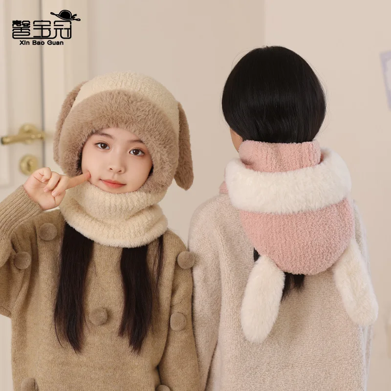 

Детская шапка с мультяшными кроличьими ушками, маска для лица, интегрированный шарф, пуловер, шапка, осень-зима, новая уличная бархатная теплая вязаная шапка