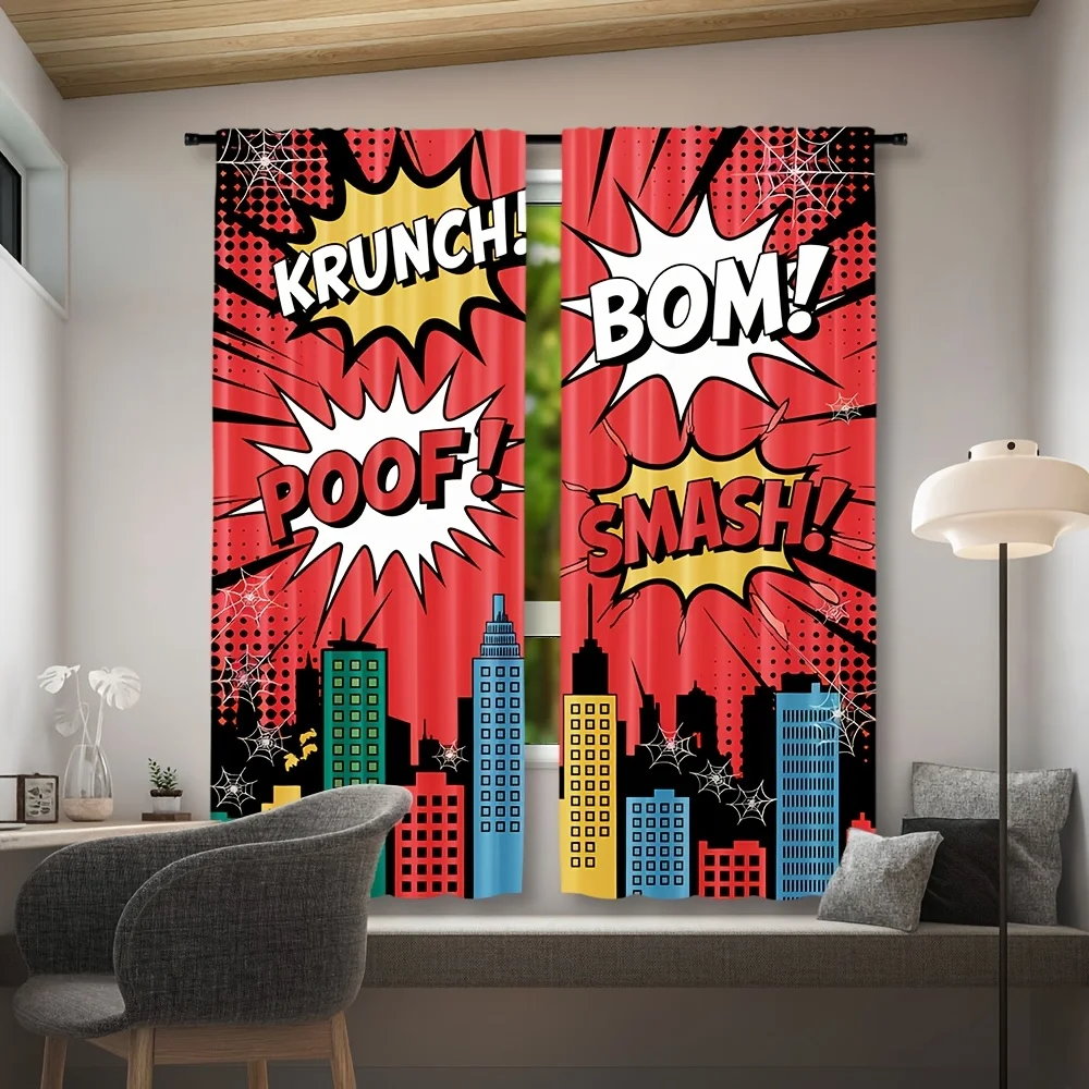 Pop Art Comic Book Skyline Cityscape Curtains Drapes Funky Cartoon Print Window Decor for Living Room Bedroom Home