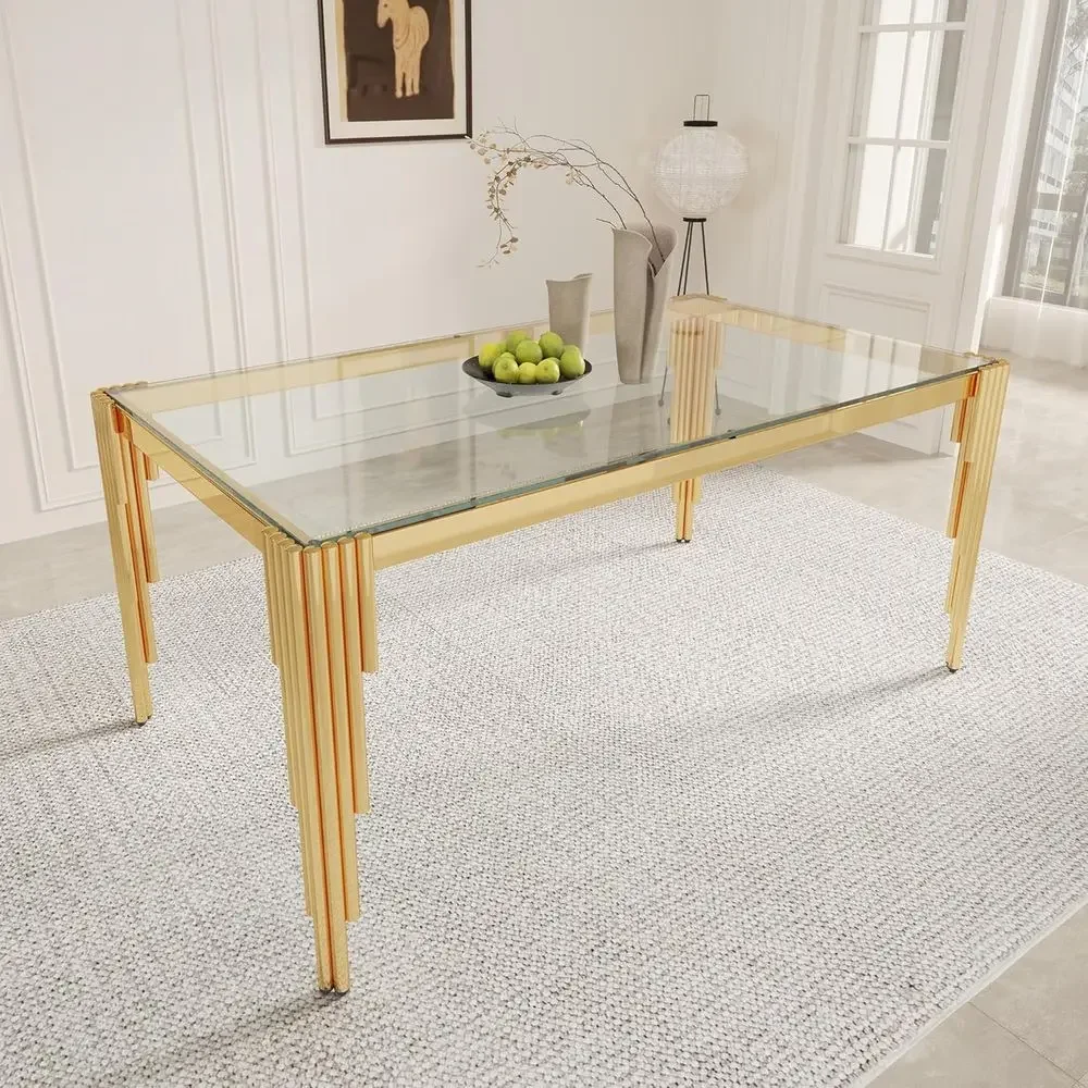 

63 Tempered Glass Dining Table with Stainless Steel Legs, Suitable for Kitchen, Living Room, Elegant Tubular Design in Gold and