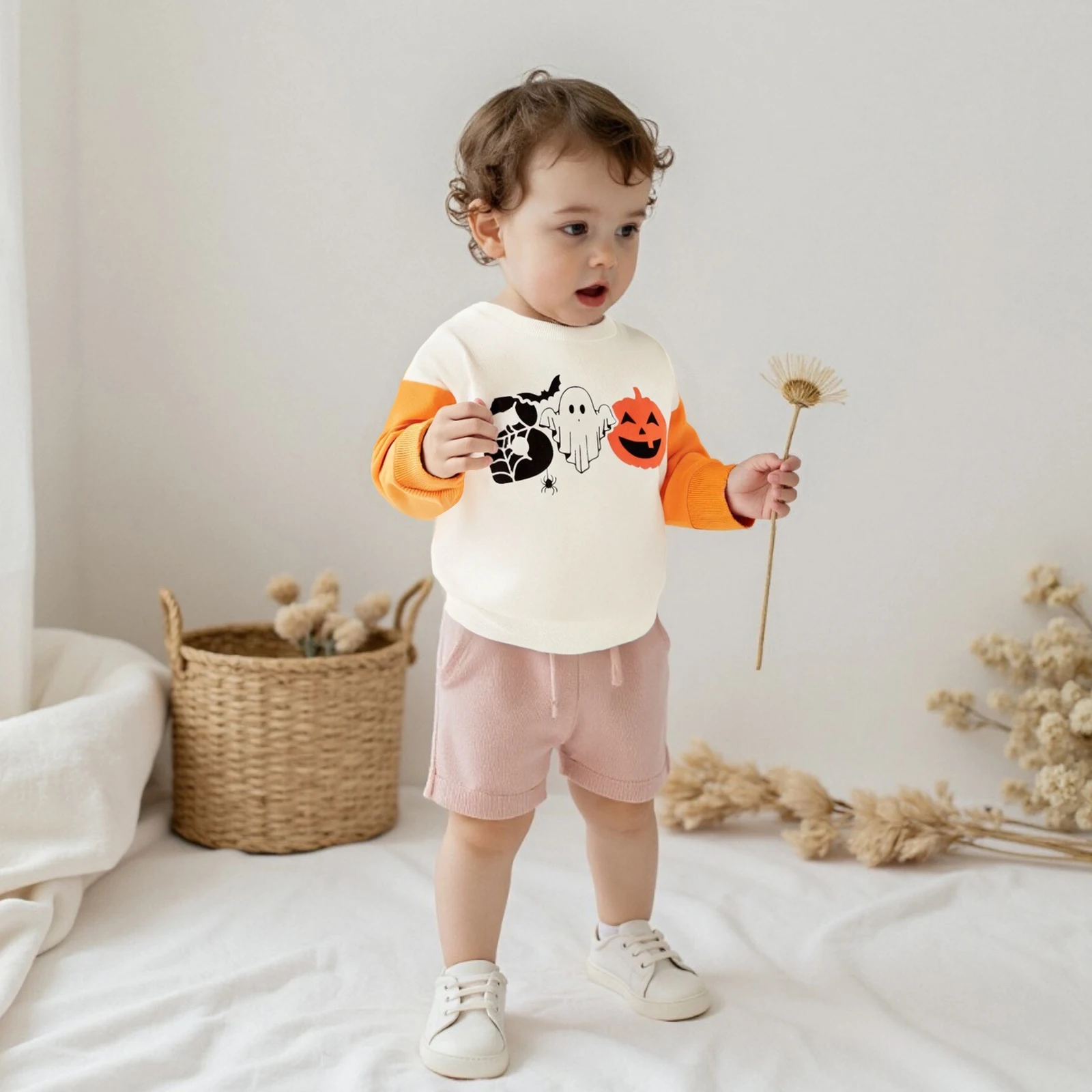 Kid Clothes Boys Halloween Sweatshirts Long Sleeve Round Neck Bat Spider Ghost Pumpkin Print Pullover Hoodies