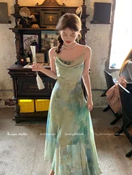 High Quality Hot Selling Waist Cinched Swinging Collar Gradually Changing Color Fish Tail A-line Dress Feminine Suspender Dress