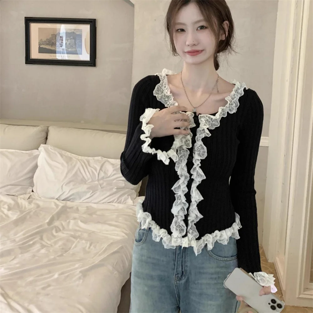Style Sexy Long Sleeve O-neck Lace Spliced T-shirt 2025 Spring Autumn Top Slimming Pullover Fashion Knitted Ladies Tshirt