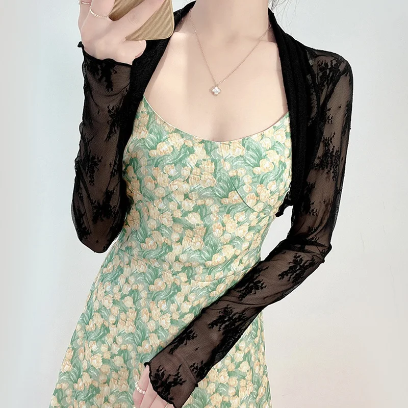 Women's Lace Sun Protection Shirt Hollow out Cardigan Summer Matching Tube Dress Outer Cover up Top Korean Style Long Sleeve