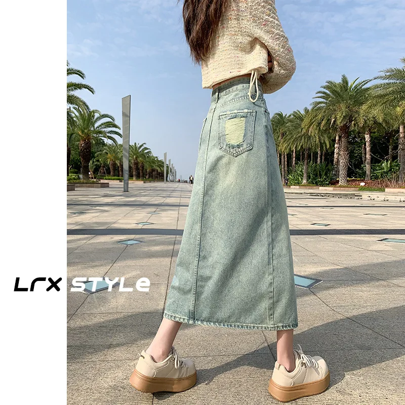 High Waist A-Line  Skirt for Women Spring Autumn Denim Split Design Bodycon Half Length Cotton Blend Fashionable Washed