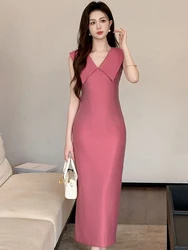 New Cute Elegant Formal Long Dress Women's French Silk Satin Black Pink Tank Backless Slim Fit Robe Femme Party Banquet Vestidos