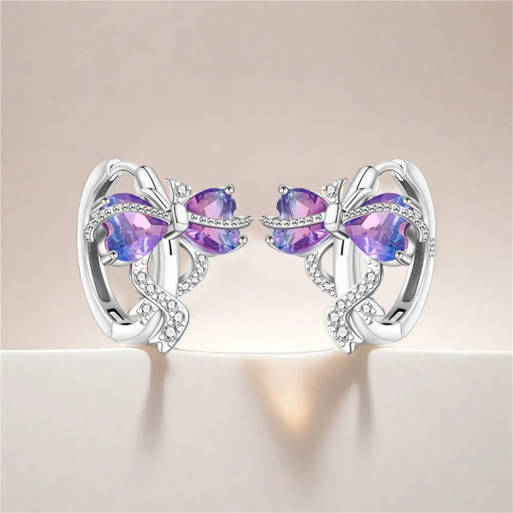 Panpoki s925 prata esterlina roxo em forma de coração arco brincos de argola versáteis para mulheres jóias presentes de festa originais