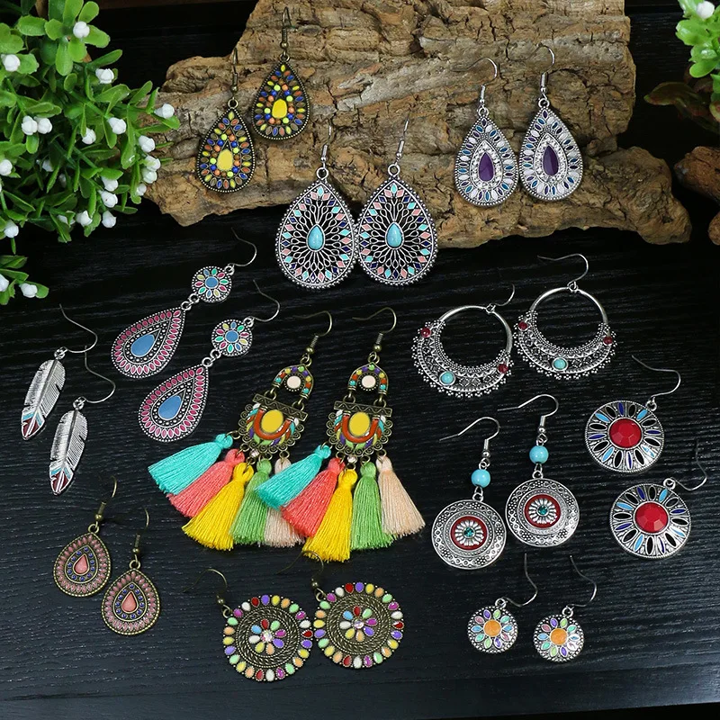 Vintage Ethnic Drop Oil Round Water Drop Dangle Earrings for Women Colorful Tassel Leaf Geometric Earrings Pendientes Mujer Boho