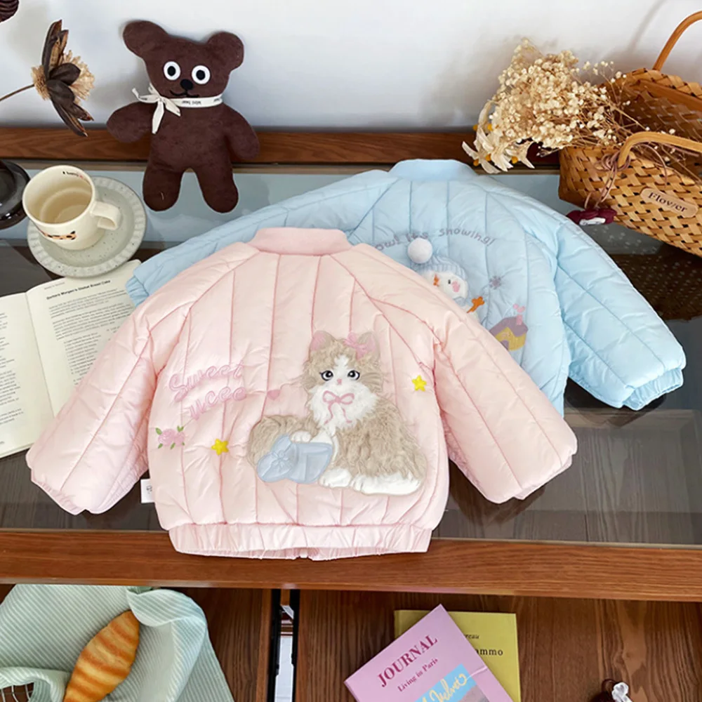 Girls' Winter Cartoon Cat Snowman Cotton Plush Jacket Cute Baby Girl Jacket with Cotton Baseball Coat Pink Cotton Padded Jacket