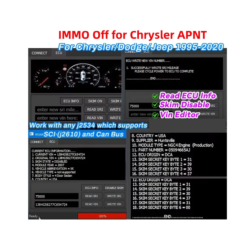 

IMMO Off for Chrysler APNT Edit VIN Read ECU Skim Disable SRI Edit for Chrysler for Dodge for Jeep Gas Diesel 1995-2020 Immo Off