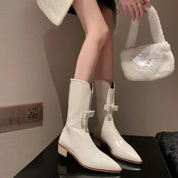 NEW Autumn Women Boots Split Leather Shoes for Women Pointed Toe Chunky Heel Shoes Bow-knot Zipper Mid-calf Boots Western Boots