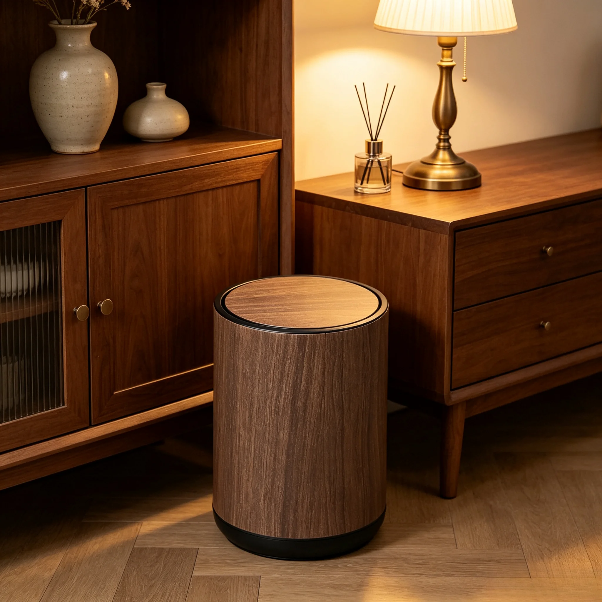 Wood Grain Swing Lid Trash Can with Removable Inner Bucket