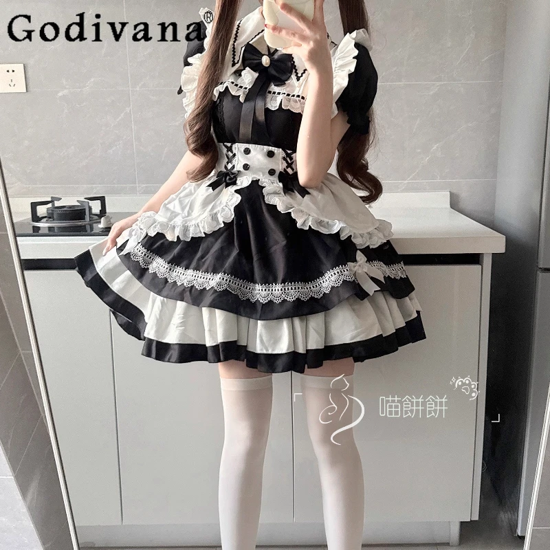 

Lolita L-5XL Maid Sweet Black White Detachable Long Sleeve Dress Japanese Spring Summer High Waist Ruffles Age Reduction Dresses