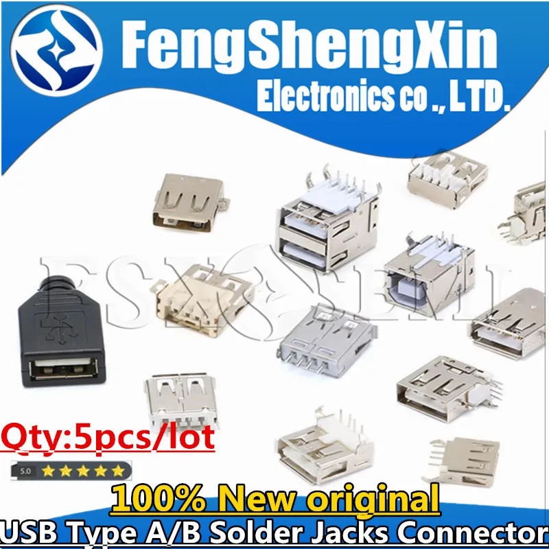 5PCS USB Type A Standard Port Female Male Solder Jacks Connector PCB Socket USB-A type USB-AF AF 90/180 degrees Double USB2.0