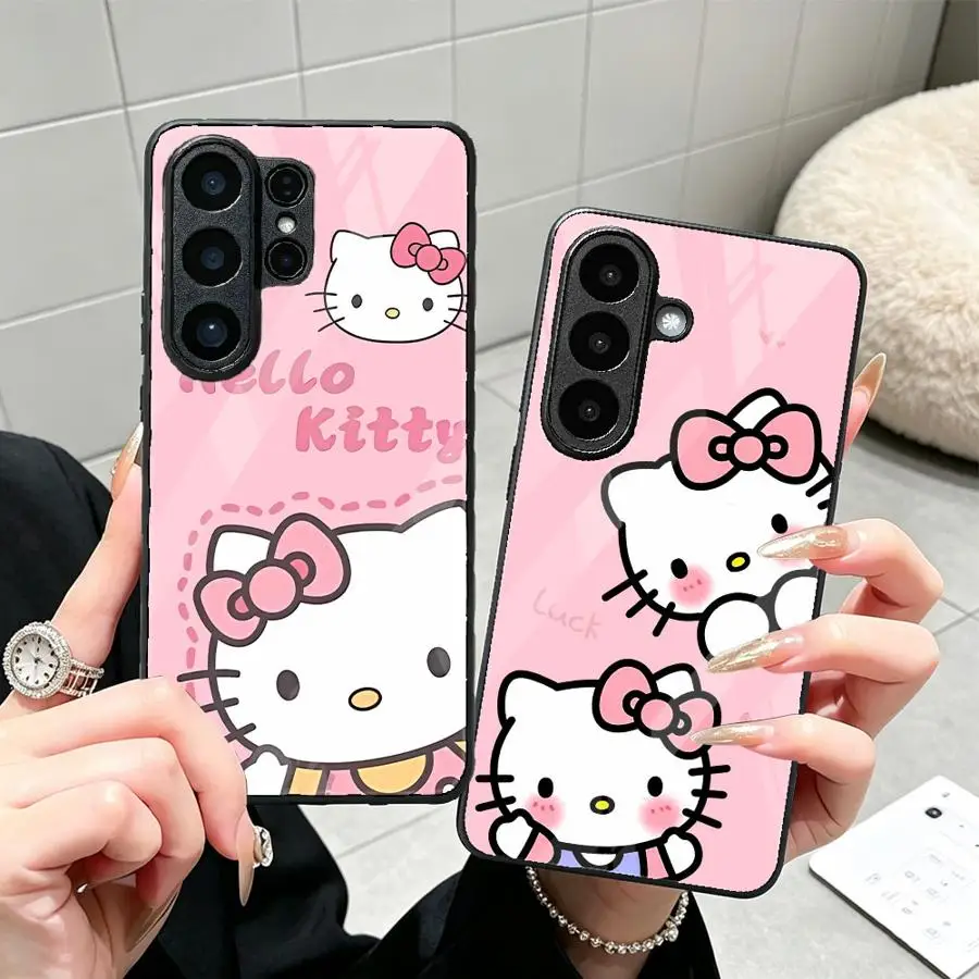 Glass Case for Samsung Galaxy S26 Ultra S22 25 Edge S21 S20 24 Plus S26+ S25+ S24+ S23 FE S23+ Phone Cover Sanrio Ins Hello