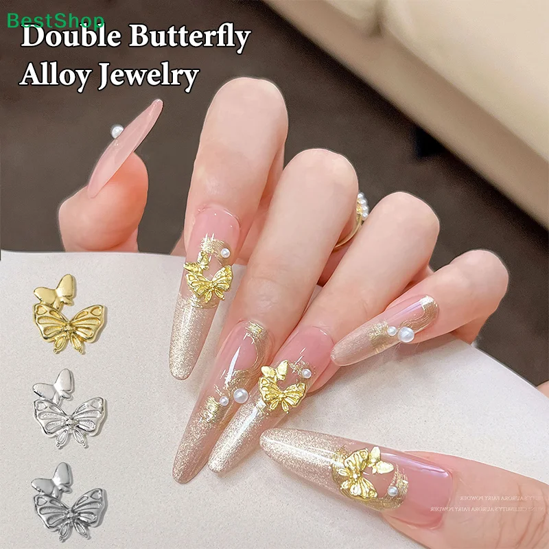

〔Y〕10Pcs Double Butterfly Alloy Nail Art Charms Gold/Silver/White Nails Decorations Jewelry Luxury 3D Nail Accessories Flat Back