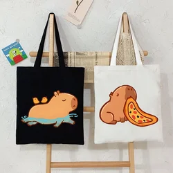 Canvas Ladies Shoulder Bag 2024 Pizza Capybara Print Reusable Tote Bags Large Capacity Cartoon Capybara Women's Shopping Handbag