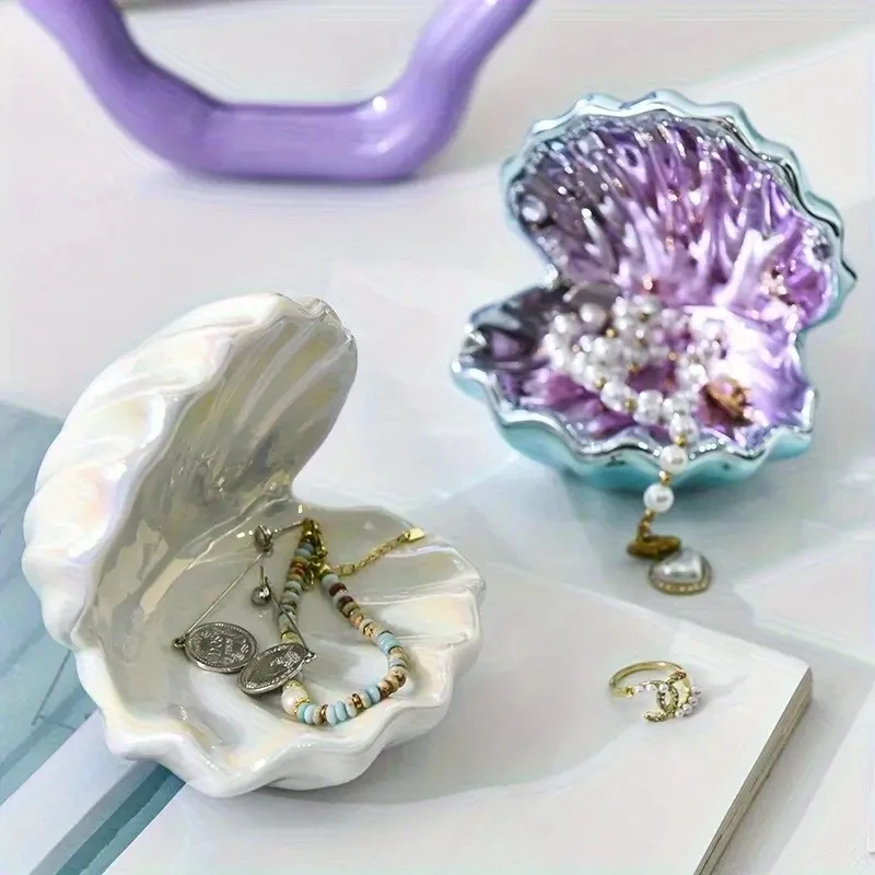 Caja de almacenamiento de joyería de cerámica, bandeja para colgante de collar con forma de concha, Mini organizador de joyería para fiesta, decoración del hogar del Día de San Valentín