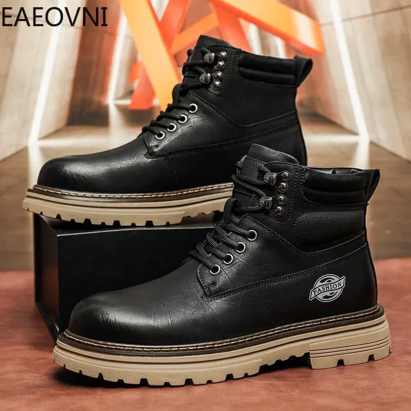 Botas masculinas casuais para motocicleta, bico redondo, bota de inverno para manter o calor, nova chegada, sapatos de couro masculinos, com cadarço, resistente, pelúcia quente