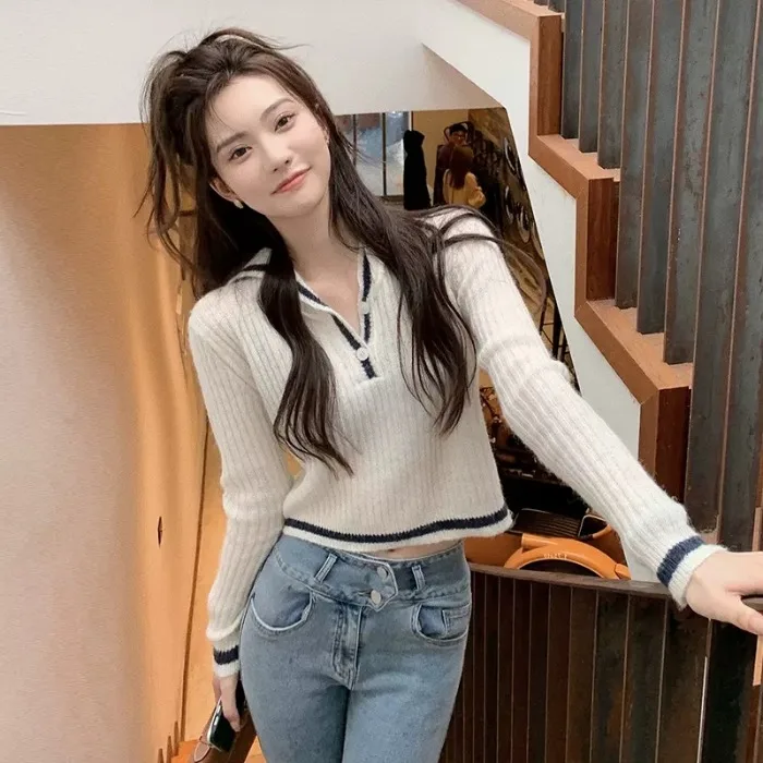 

Naval Collar Short Knitted Sweater Base Shirt Women's Spring Autumn Lazy Design Unique Early Spring New Style Knitted Top