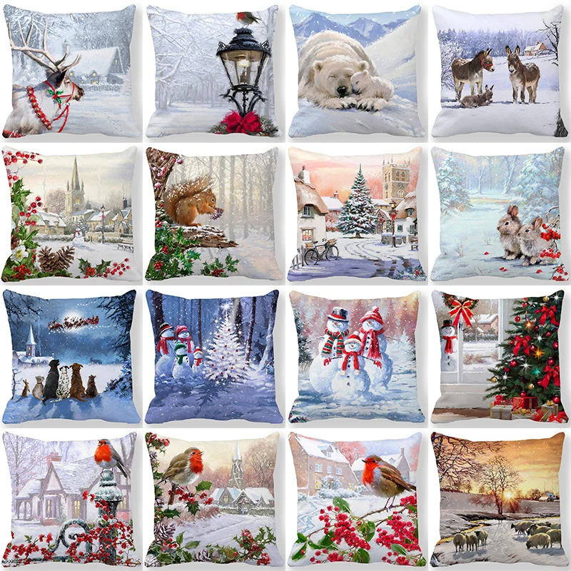 Christmas Decor Pillow Covers 45x45cm Animals Snowman Printed Cushion Cover Winter Holiday Party Decorative Pillowcase for Couch