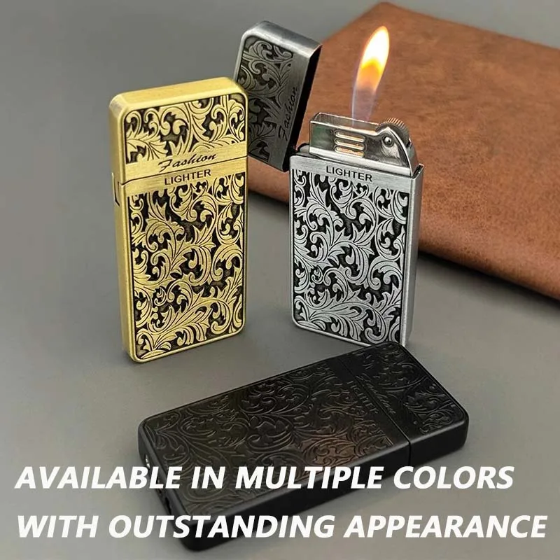 DN-161， New style, relief, Tang grass, thin style, gas, antique, grinding wheel, classic, open flame, quality gift, lighter