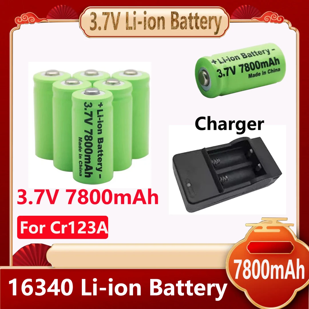 3.7V16340 Rechargeable Battery 7800mAh Li-ion Battery CR123A Battery forLED Flashlight Travel Wall Charger 16340 CR123A