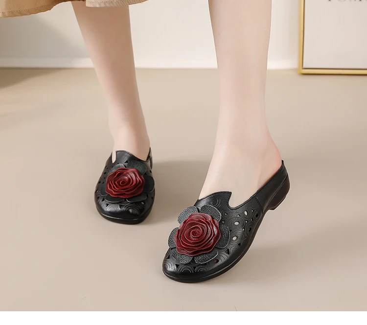 Neue große Blumen-Sandalen aus Rindsleder für Damen, Sommer-Mules mit Cut-Outs, niedrige Absätze, Retro-Luxus-Slipper-Sandalen, Slip-On-Schuhe für Damen – Detail 12