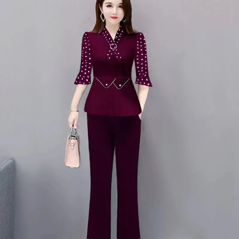 5XL Women Pants 2-Piece Set 2025 Spring Autumn Suit Middle Aged Female Shirt Tops+ Wide leg Pants Two-Piece Suit Profession Suit