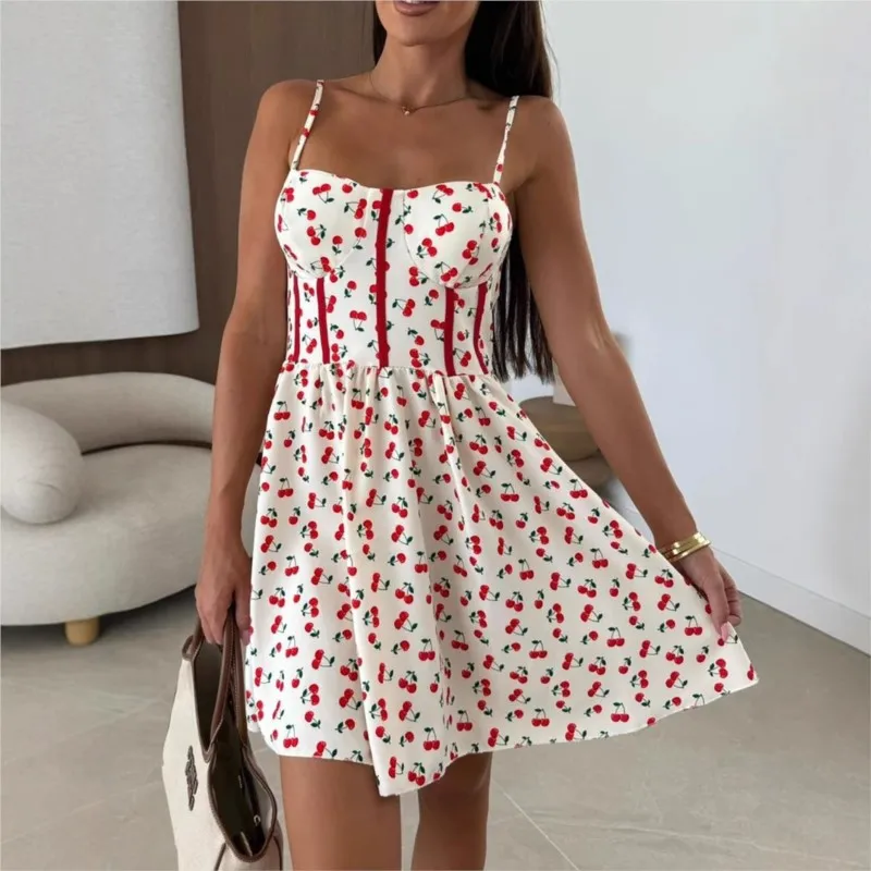 

Y2K Fashion: Cherry-Print Summer Dresses For Women, 2025 Sexy Spaghetti StrapSlim A-line Mini Sundresses Casual Beach Vestidos