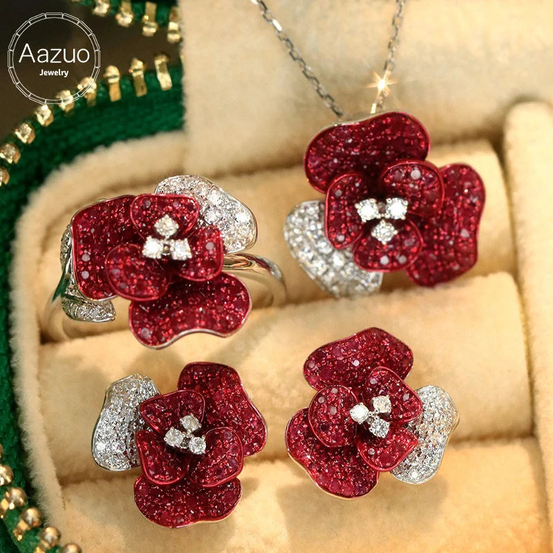 Aazuo Luxury Jewelry 18K White Gold Real Natrual Ruby Real Diamonds  Jewelry Set Original Flower Gift For Women Wedding Party