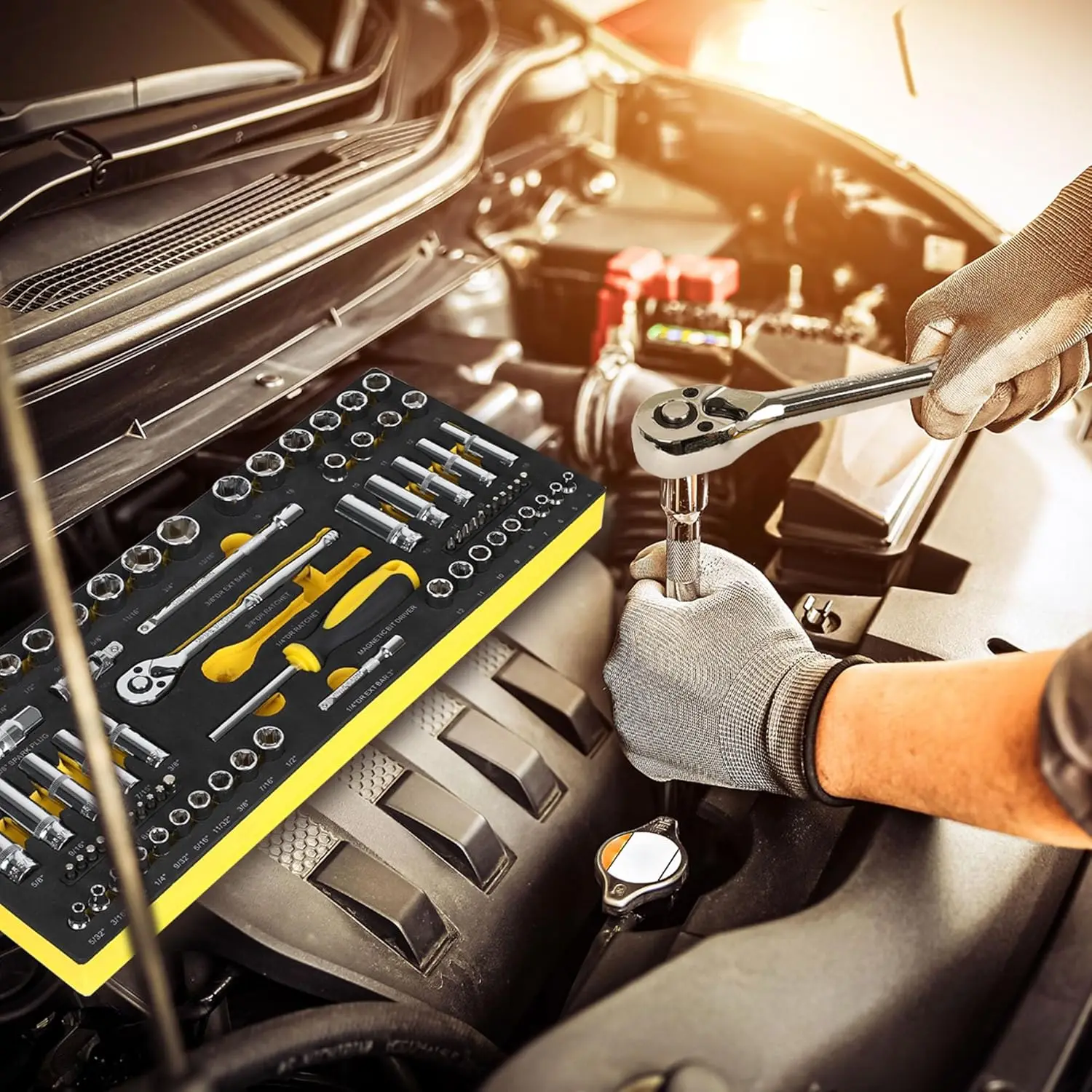 79ピース 1/4インチ & 3/8インチ ドライブ インパクトソケットセット、メートル法 & インチ法、6ポイント、CR-V、EVAフォームトレイ