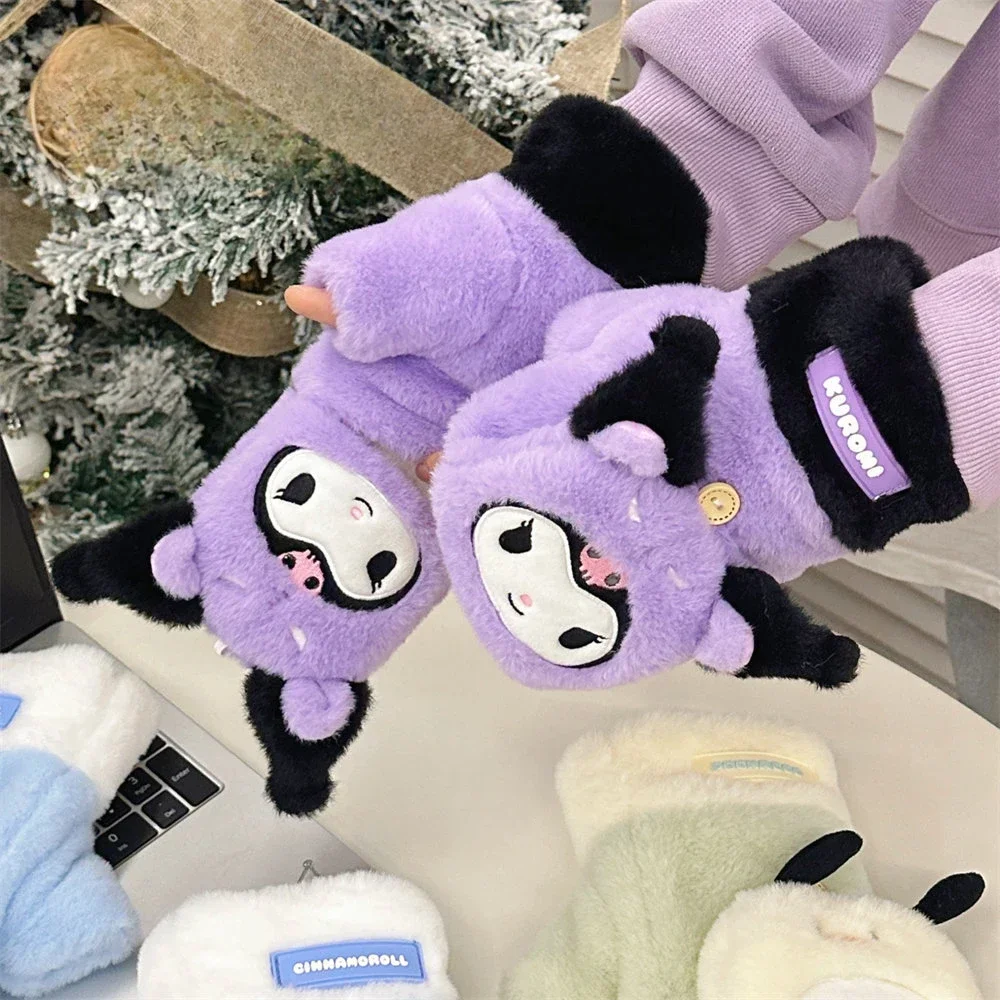 سانريو كورومي قفازات قطيفة قفازات الشتاء الحرارية ميلودي سينامورول Pochacco الوجه قفازات الفتيات سميكة القفازات هدية الكريسماس