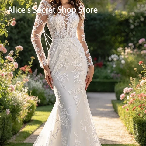 Elegant V-Neck Appliquins Full Sleeve Backless Mermaid Bride Wedding Dresses Bridal Gowns Customized