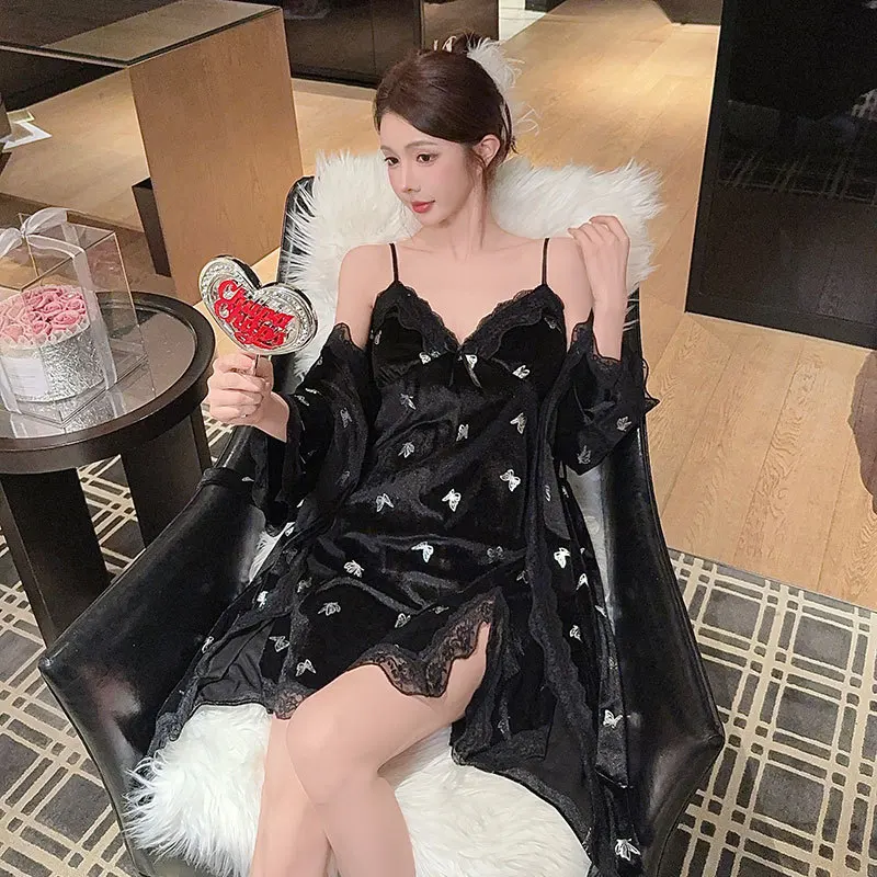 

Butterfly Velour Robe Nightgown 2PCS Set Lace Trim Gold Velvet Kimono Bathrobe Nightdress Sleepwear Negligee