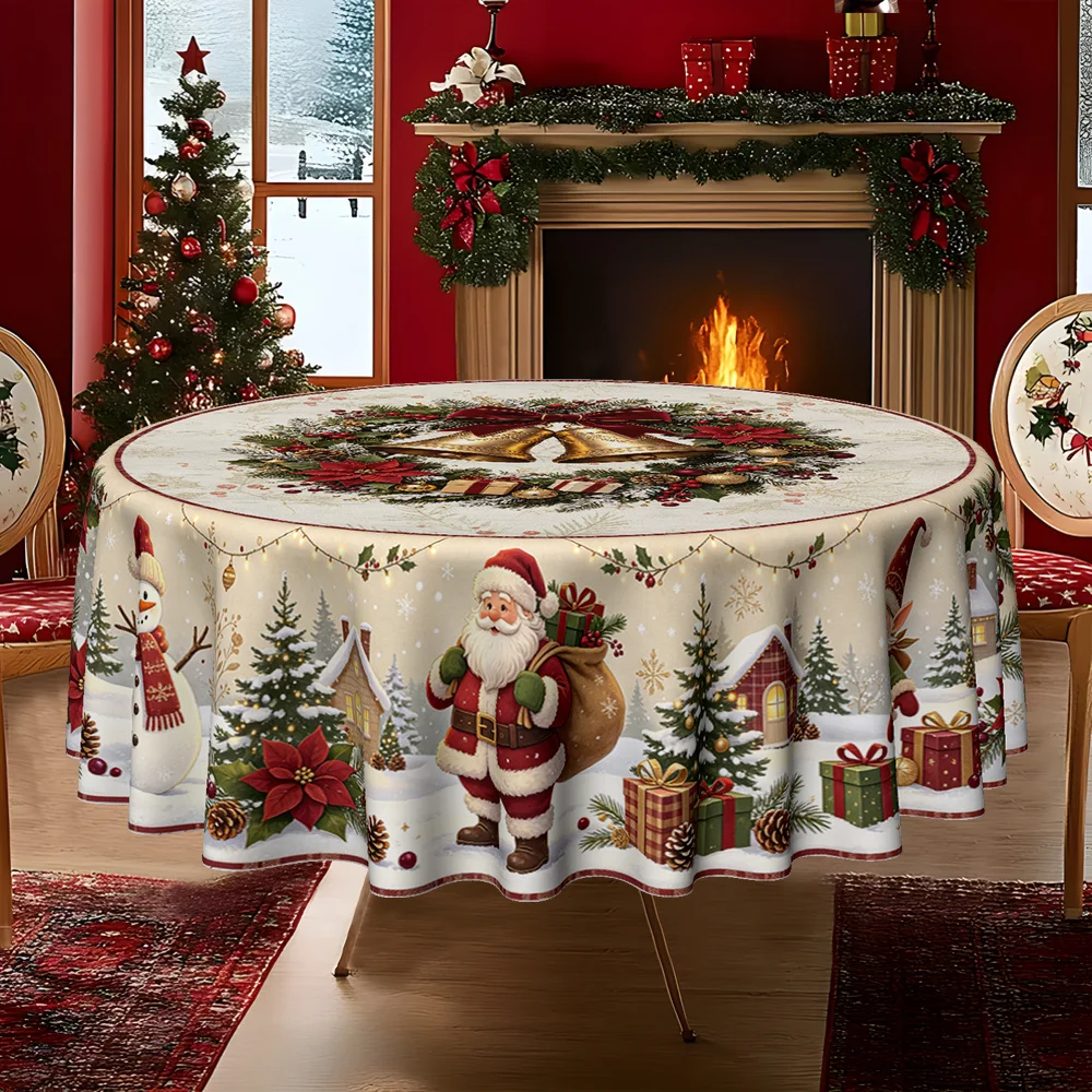 , 1pc 2D flat Merry Christmas, Christmas wind chimes wreath printed round tablecloth, twill polyester material,