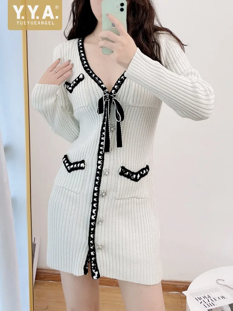 

V-Neck Sexy Short Dress New Spring Long Sleeve Office Ladies Knitted Dress Slim Fit Pullover High Waist Elegant Women Dresses