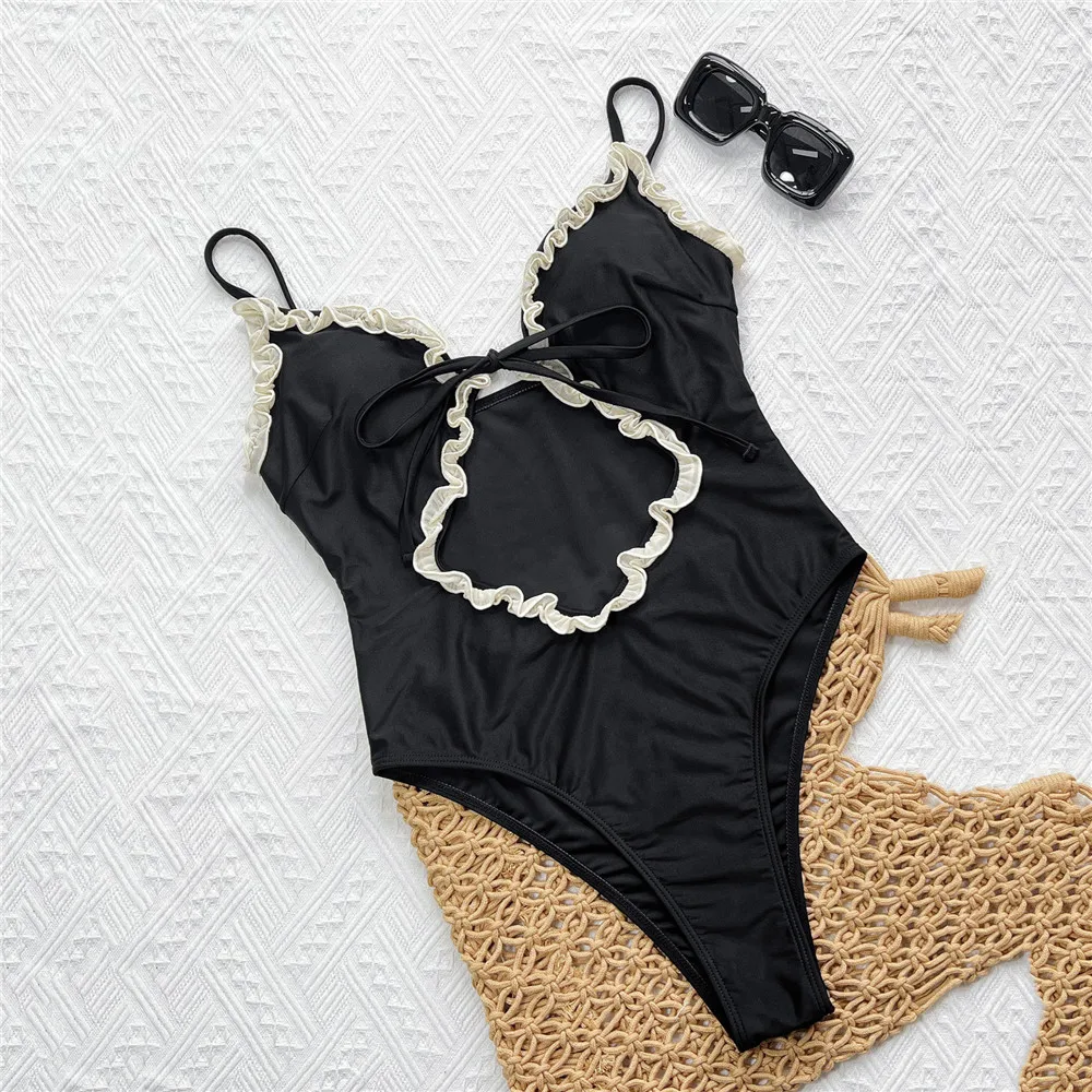 Sexy Black One Piece Hollow Out Swimsuit Women Monokini 2026 White Lace Edge Swimwear High Leg Cut Bathing Suit Swimming Wear