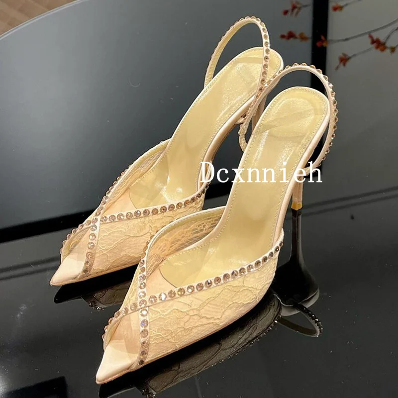 New Summer Solid Crystal Decoration High Heels Women\'s Pointed toe Sandals Sexy Stilettos Party Dress Shoes Single Shoes