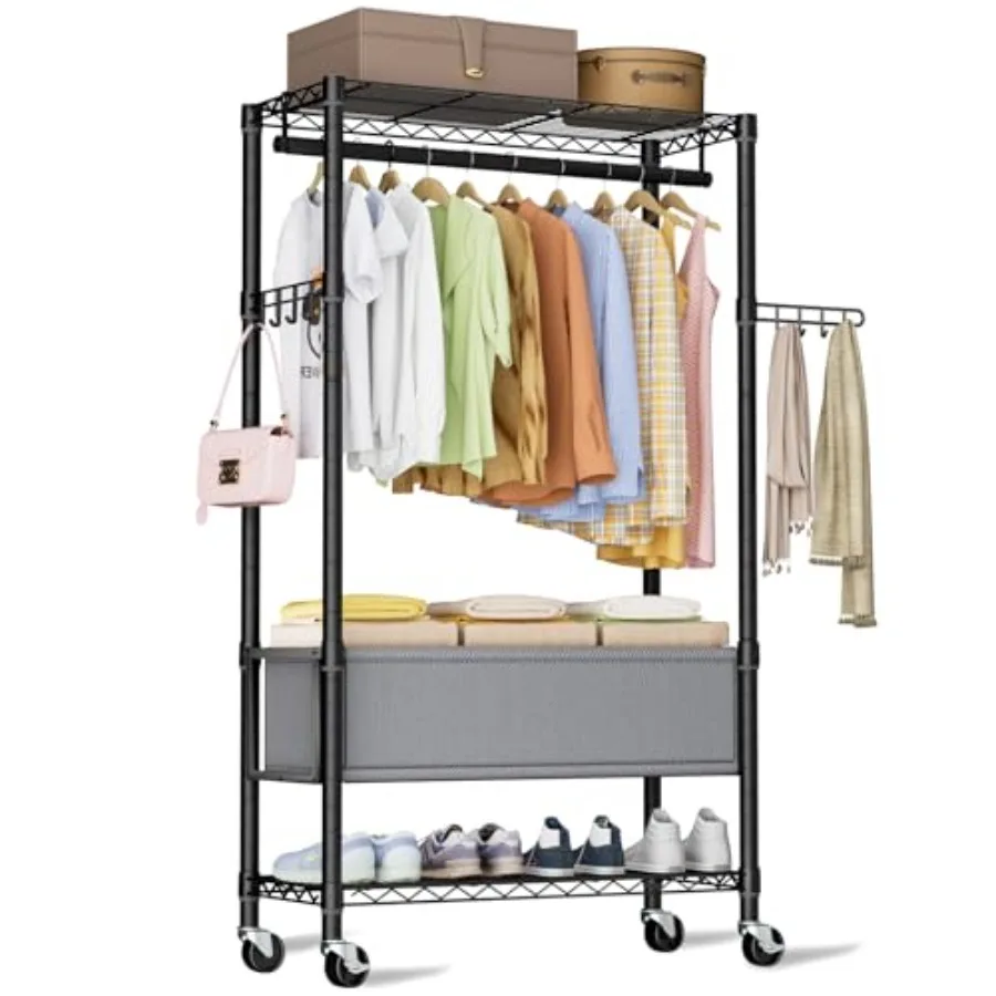 

Heavy Duty Clothes Rack Rolling Garment Rack3 Tier Adjustable Wire Shelving Clothing Racks for Hanging Clothes with Double Rods