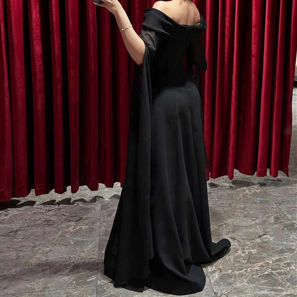 

Customized A-Line Evening Dresses Floor-Length Off The Shoulder Half Sleeve Prom Gown Fashion Crystal Simple Draped Party Gown
