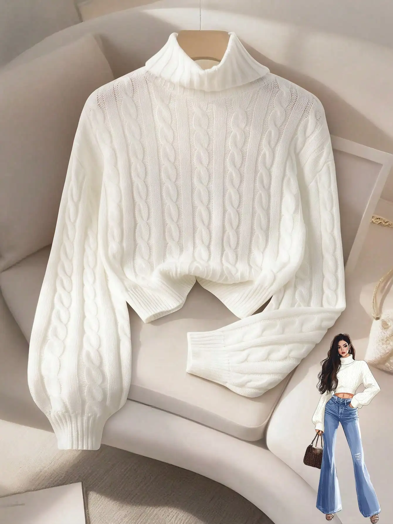 

White Cable Knit Turtleneck Crop Sweater with Lantern Sleeves for Women, Casual Autumn Winter Pullover