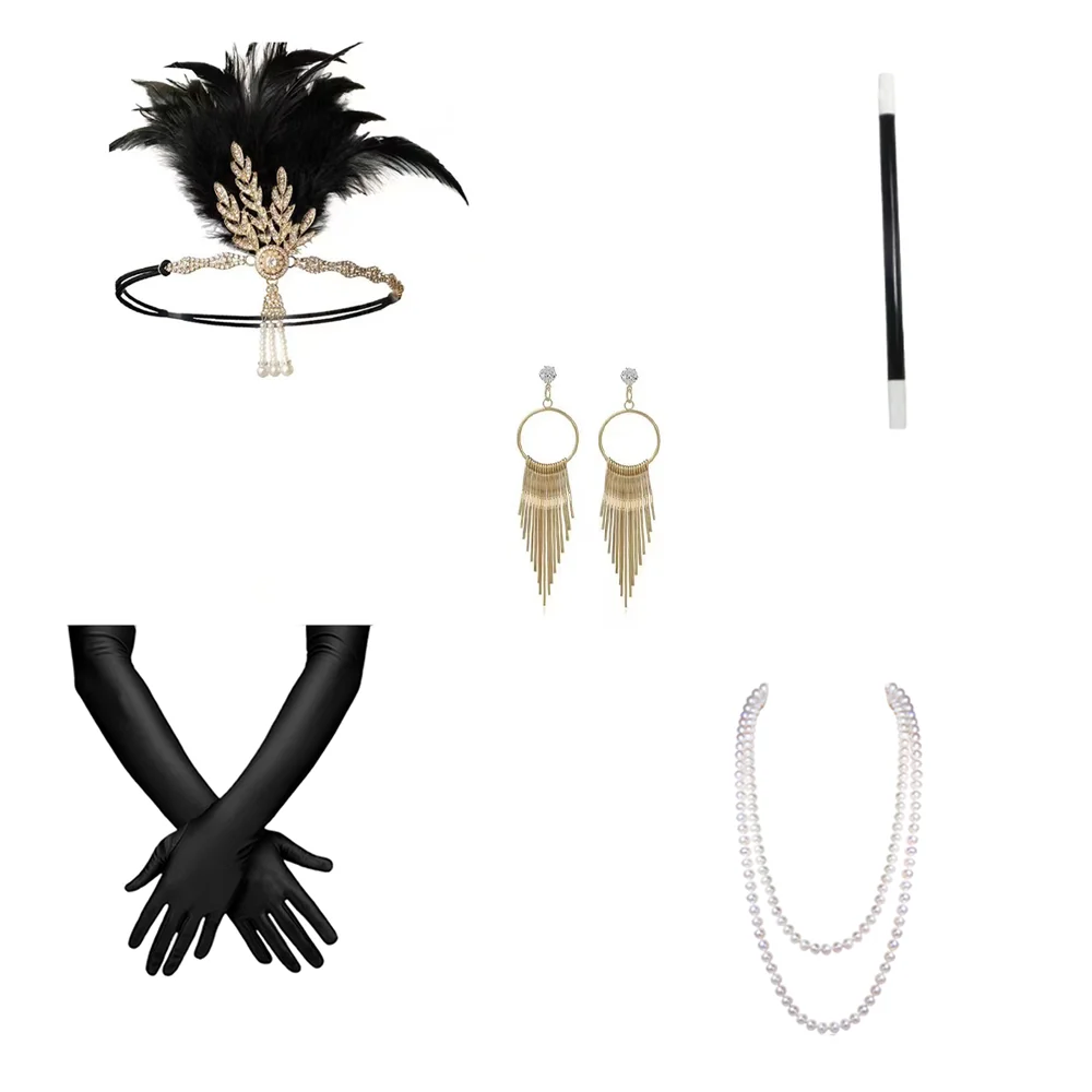PESENAR Set di accessori Gatsby anni '20 per donna, fascia per capelli, copricapo, collana, guanti
