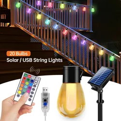 Solar Outdoor String Lights USB Charge Waterproof S14 Edison Led Bulbs Shatterproof Solar Hanging Light With 8/35 Modes Remote